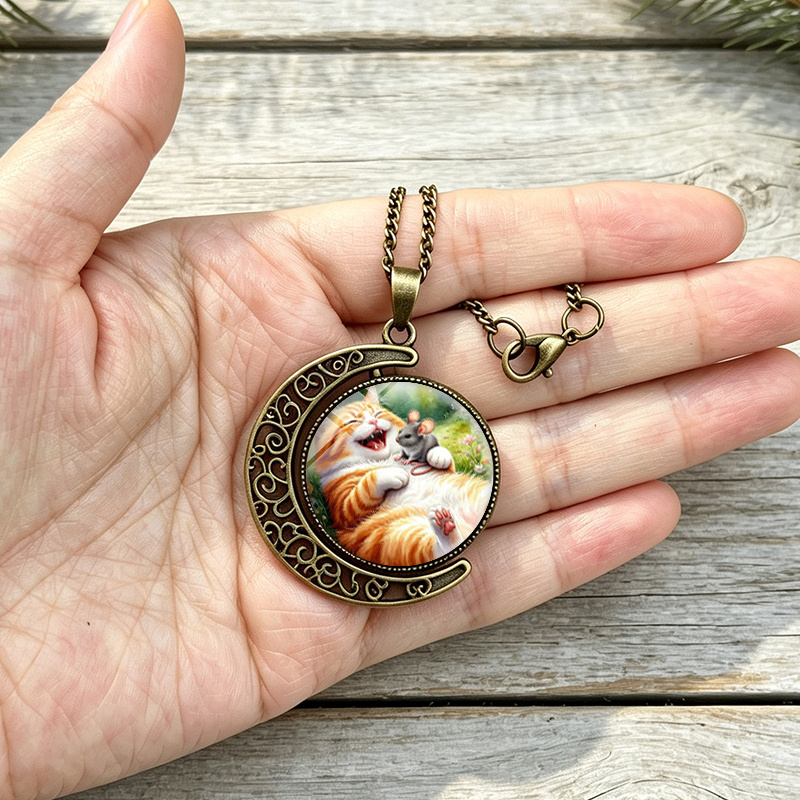 3pc Laughing Cat & Mouse Round Glass Necklace & Earrings Set